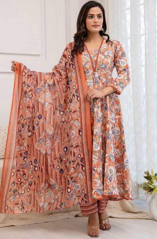 Peach Floral Cotton Anarkali Suit Set with Silk Chiffon Dupatta