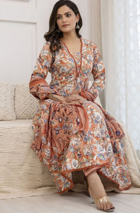 Peach Floral Cotton Anarkali Suit Set with Silk Chiffon Dupatta