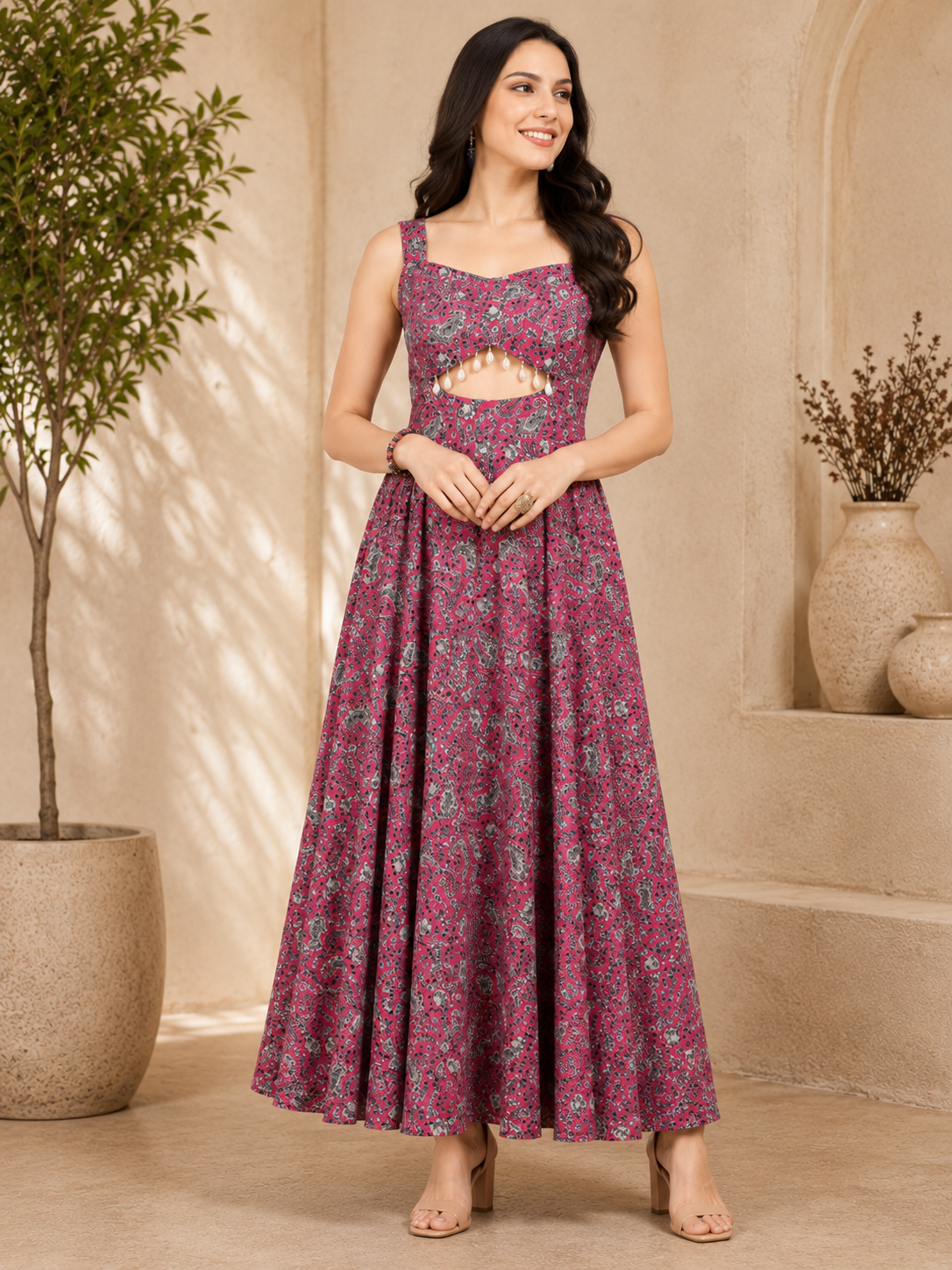 Purple Floral Embellished Fit & Flare Maxi Dress for Women