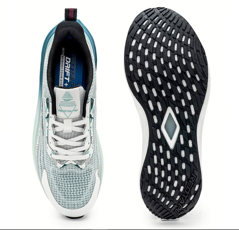 Red Tape Drift+ Men's Premium ETPU Walking Shoes – White & Aqua Blue High-Stability Sneakers