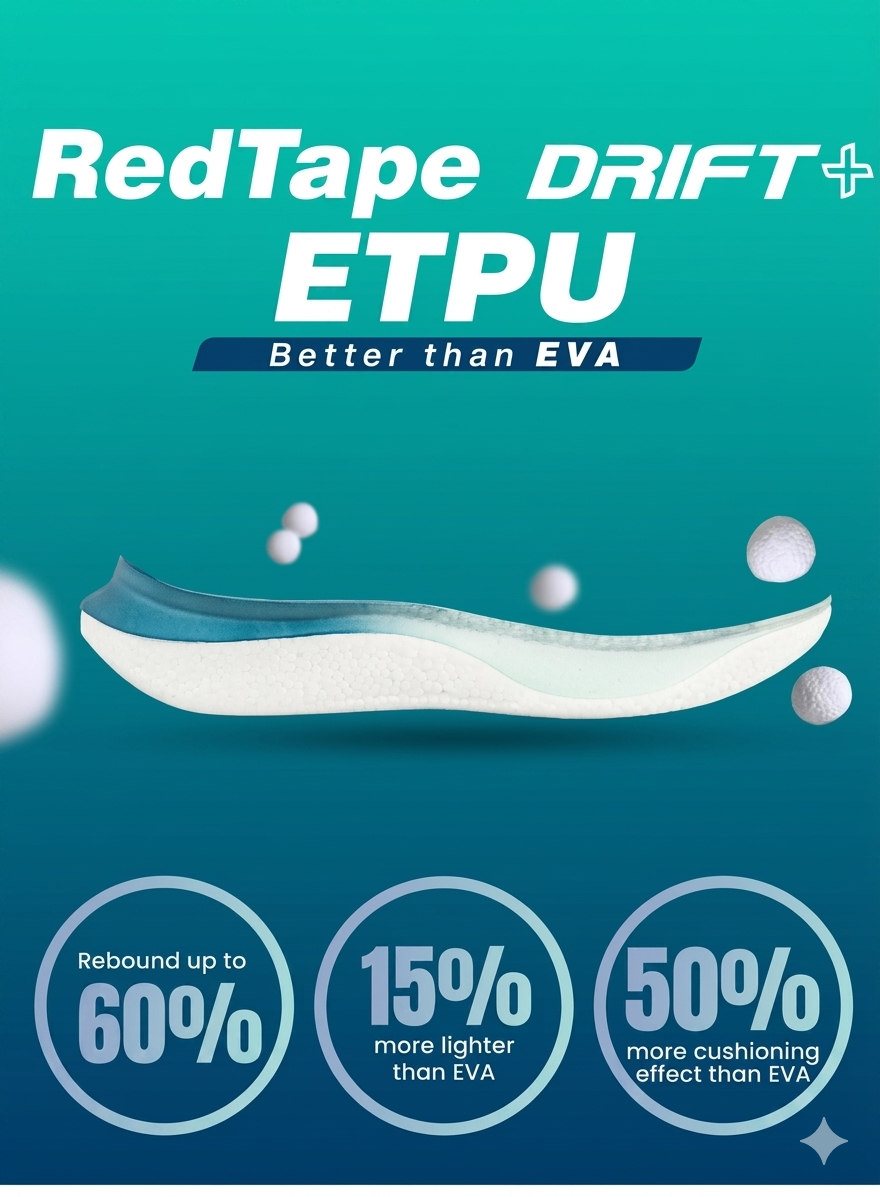 Red Tape Drift+ Men's Premium ETPU Walking Shoes – White & Aqua Blue High-Stability Sneakers