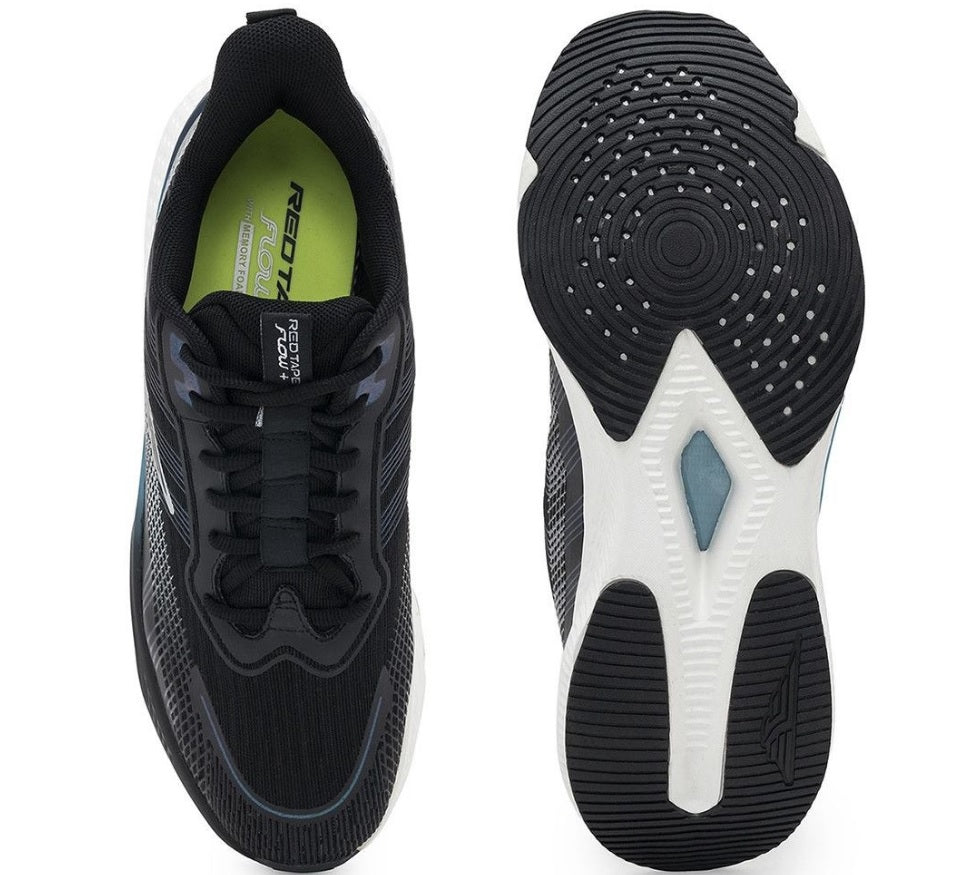 Red Tape Flow+ Men's Premium Black Walking Shoes – High Cushioning Mesh Athleisure Sneakers