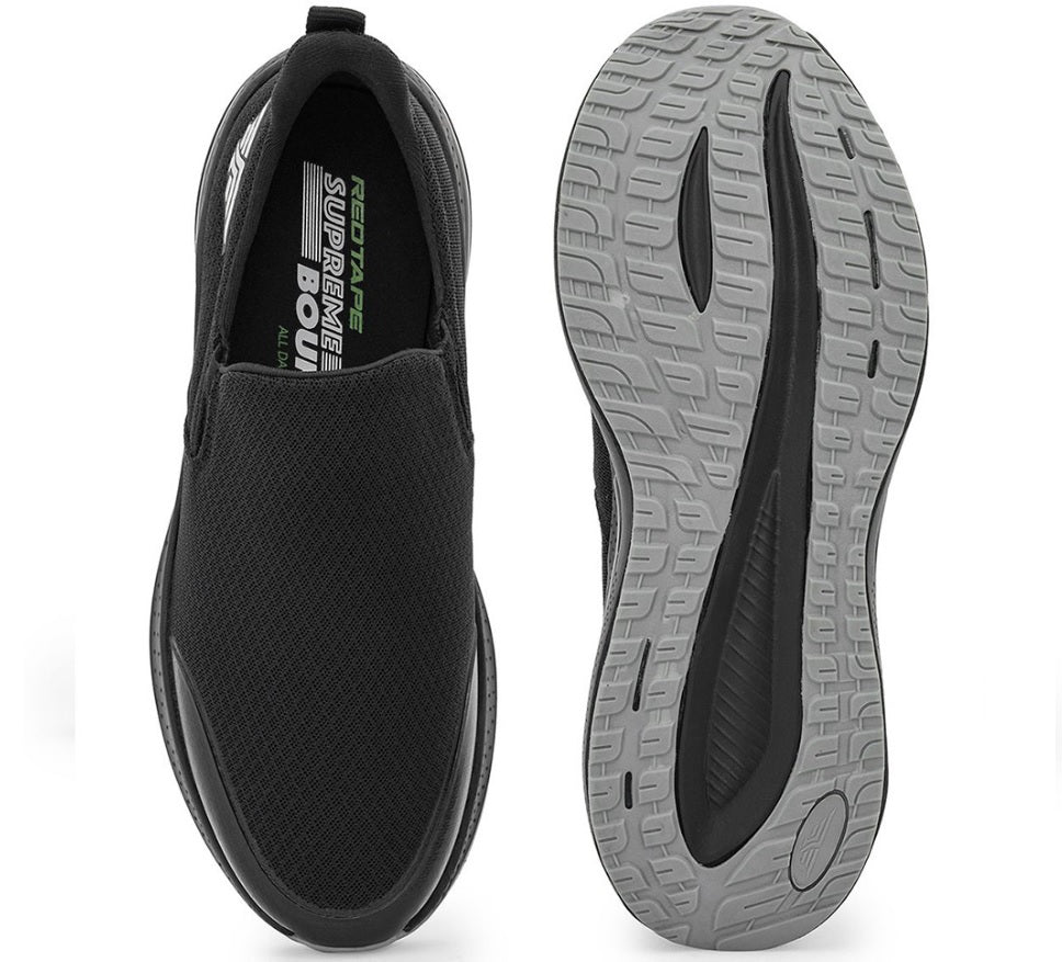 Red Tape Men's Black Mid-Top Slip-On Walking Shoes – High Cushioning Mesh Sneakers