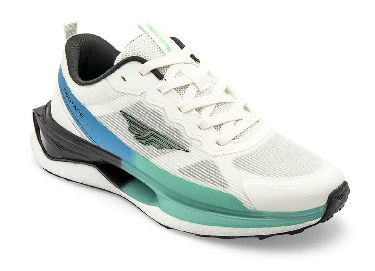 Red Tape Men's ETPU Tech Premium Lace-Up Walking Shoes – White, Green & Blue Ultra-Bounce Sneakers