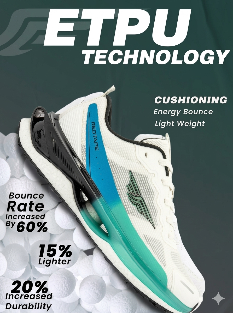 Red Tape Men's ETPU Tech Premium Lace-Up Walking Shoes – White, Green & Blue Ultra-Bounce Sneakers