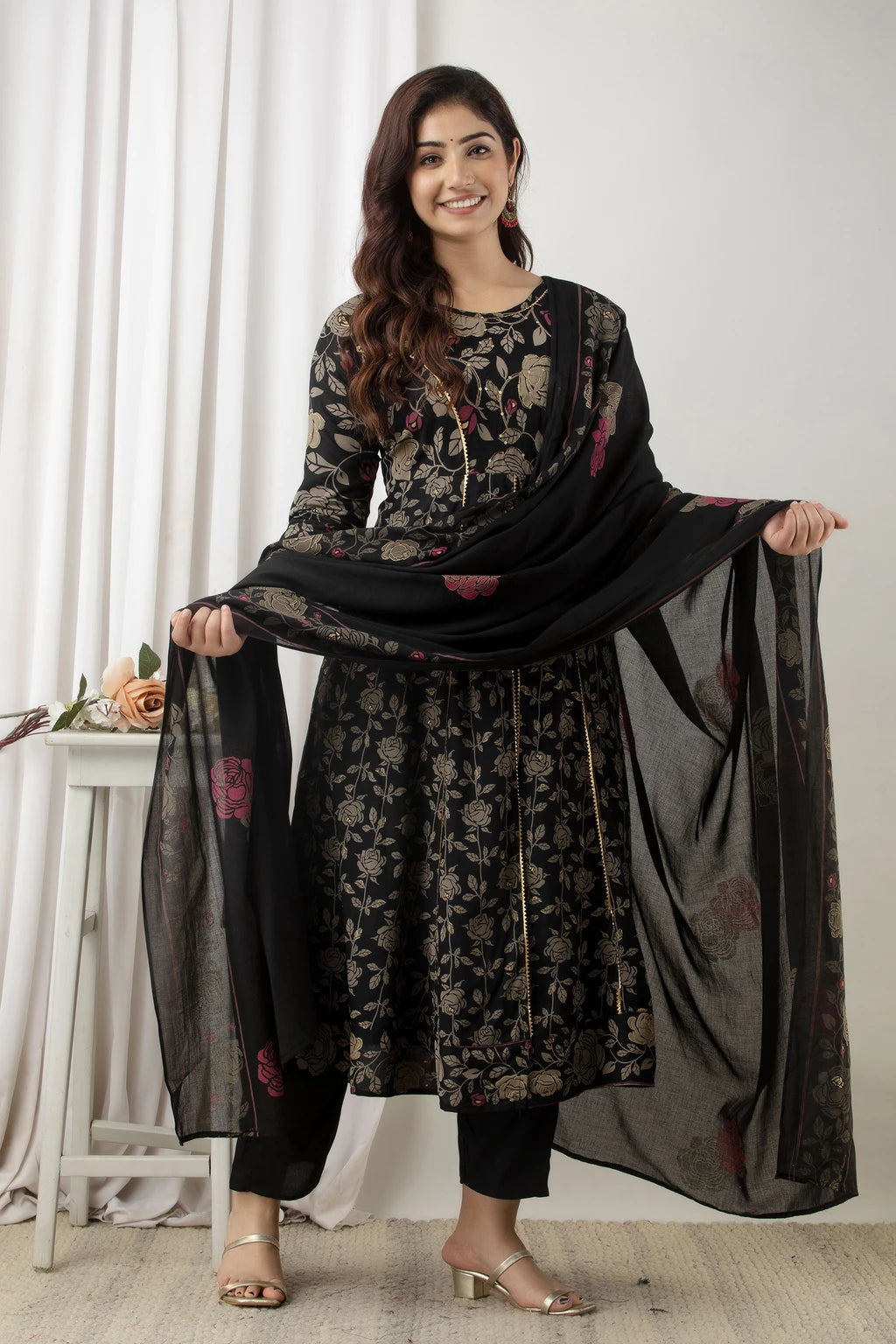 River of Cloth Women Black Floral Printed Flared Kurta Palazzo Set With Dupatta