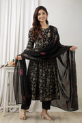 River of Cloth Women Black Floral Printed Flared Kurta Palazzo Set With Dupatta