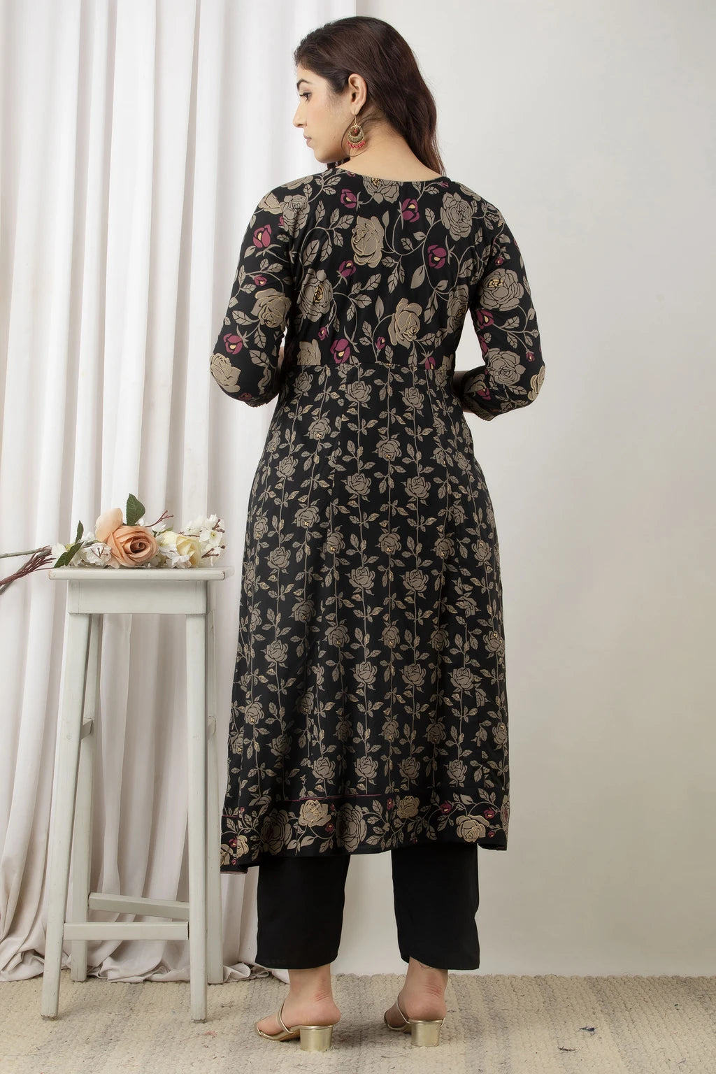 River of Cloth Women Black Floral Printed Flared Kurta Palazzo Set With Dupatta