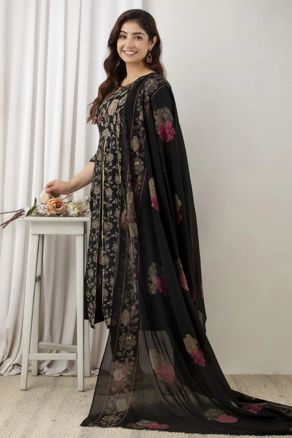 River of Cloth Women Black Floral Printed Flared Kurta Palazzo Set With Dupatta