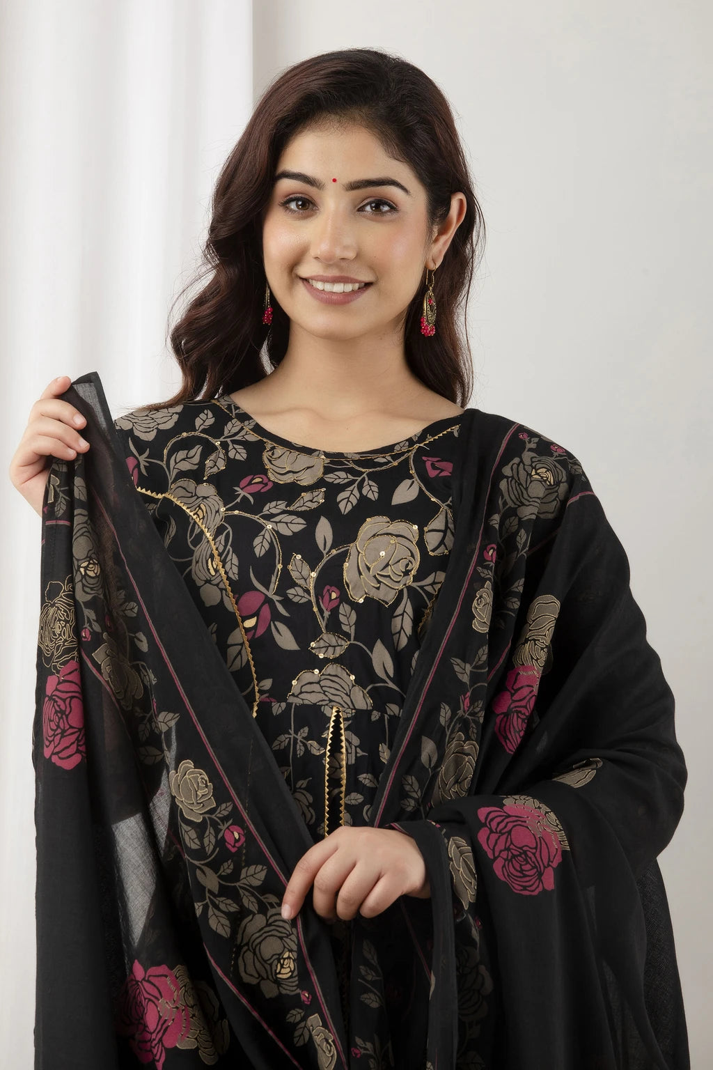 River of Cloth Women Black Floral Printed Flared Kurta Palazzo Set With Dupatta