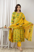 River of Cloth Women Yellow Floral Printed Flared Kurta Palazzo Set With Dupatta