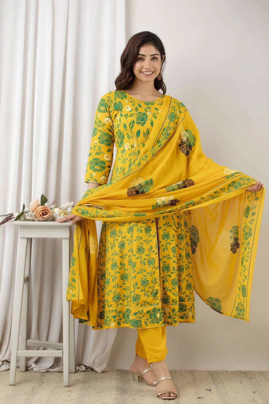 River of Cloth Women Yellow Floral Printed Flared Kurta Palazzo Set With Dupatta