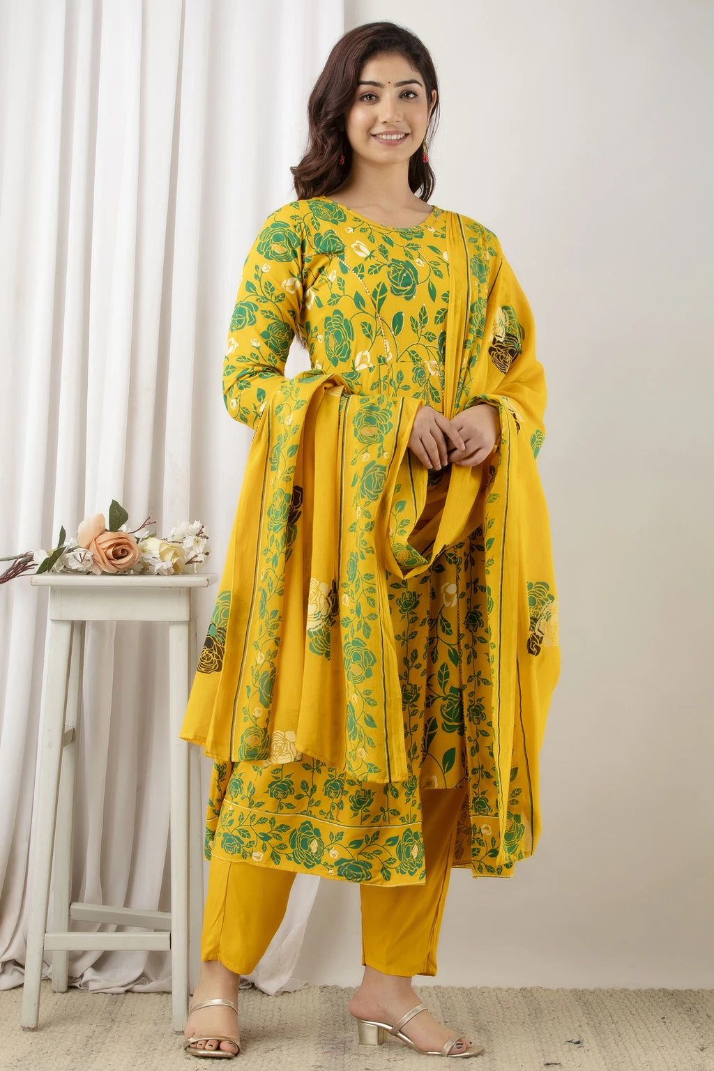 River of Cloth Women Yellow Floral Printed Flared Kurta Palazzo Set With Dupatta