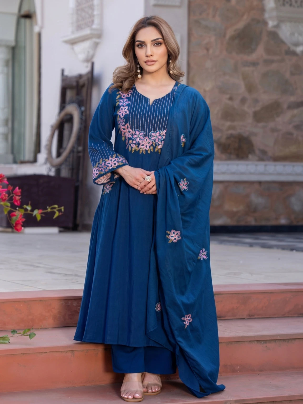 Royal Export Women Dark Blue Embroidered Flared Viscose Kurta Pant Set With Dupatta