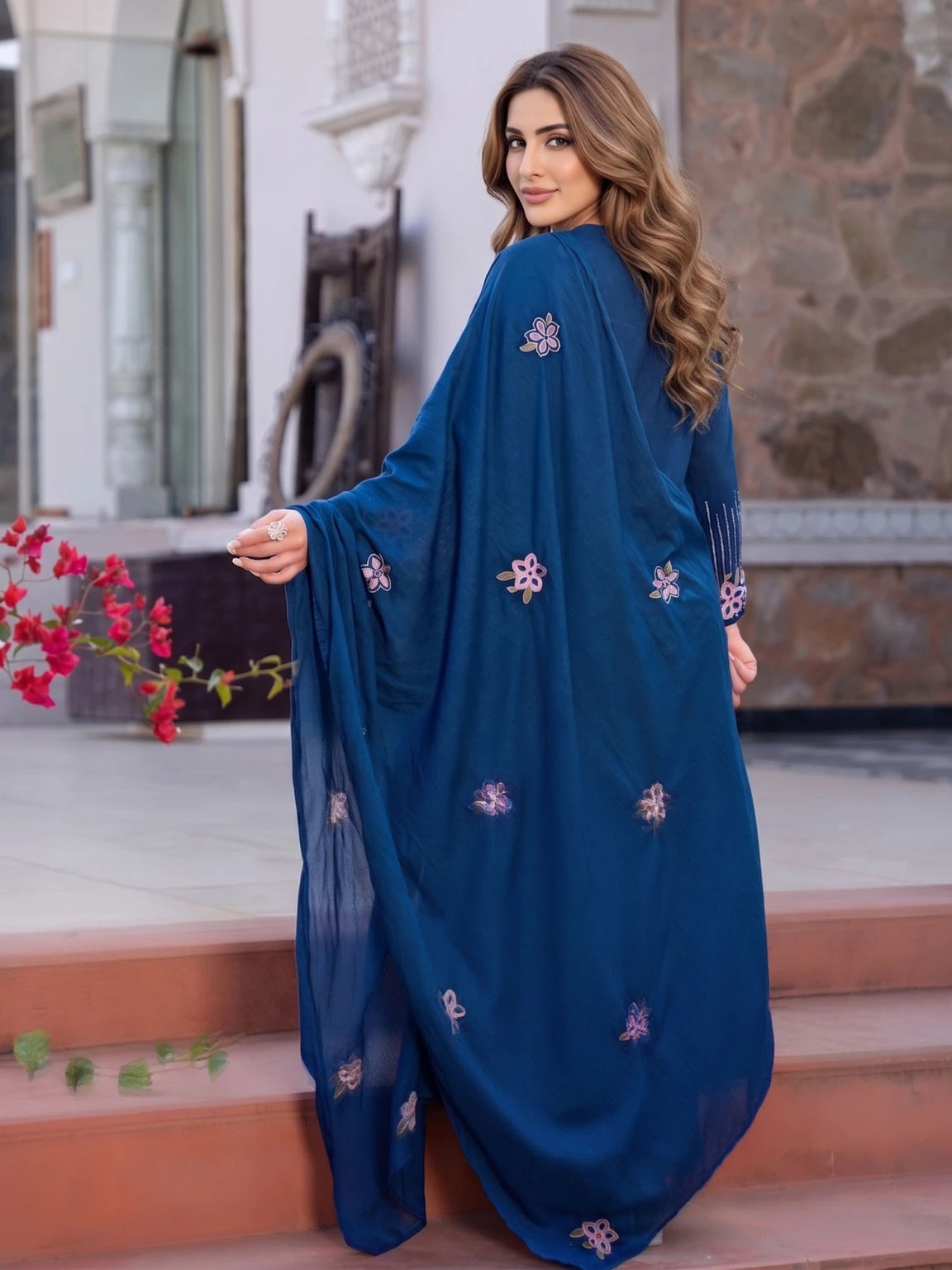 Royal Export Women Dark Blue Embroidered Flared Viscose Kurta Pant Set With Dupatta