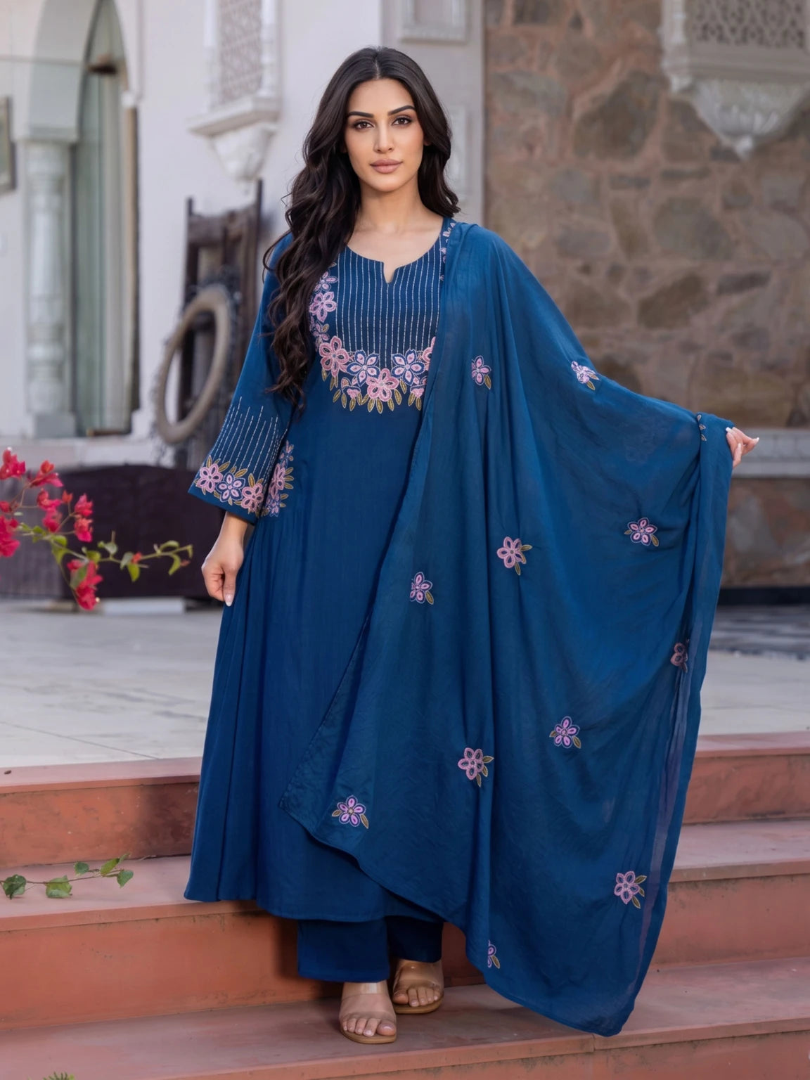 Royal Export Women Dark Blue Embroidered Flared Viscose Kurta Pant Set With Dupatta