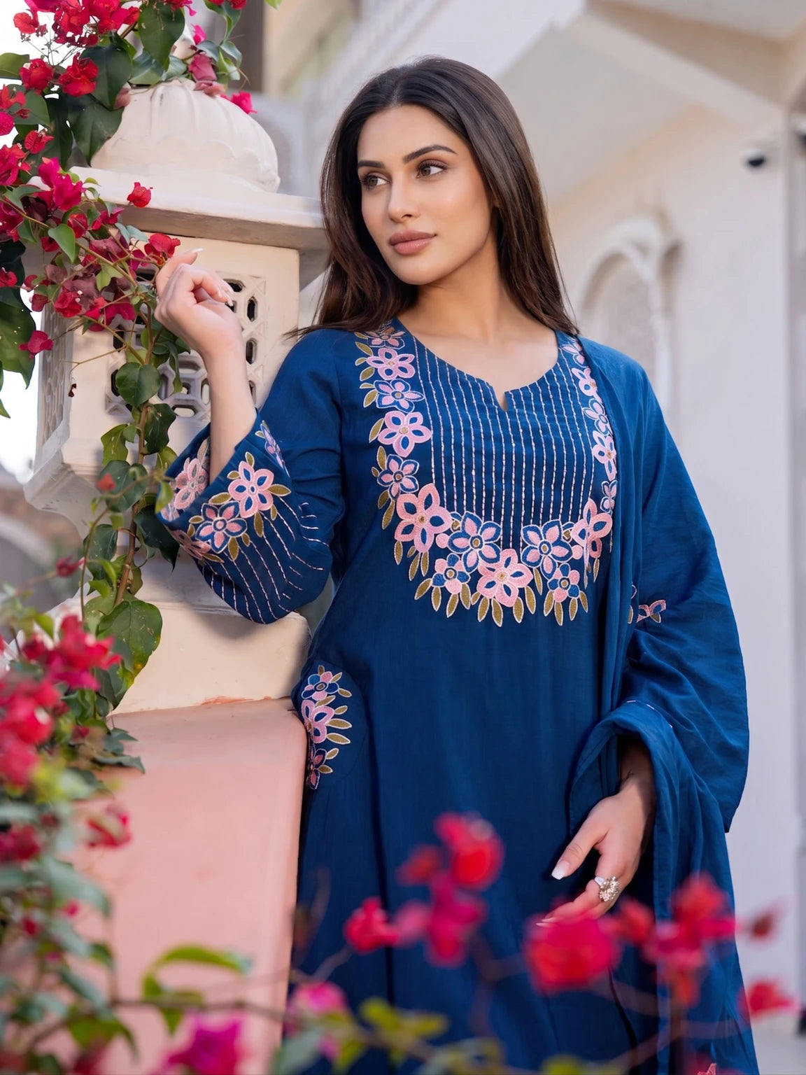 Royal Export Women Dark Blue Embroidered Flared Viscose Kurta Pant Set With Dupatta