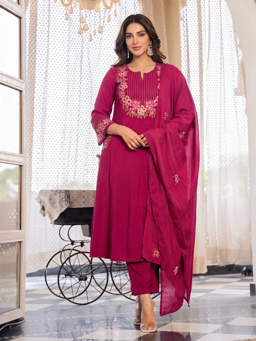 Royal Export Women Magenta Pink Embroidered Flared Viscose Kurta Pant Set With Dupatta
