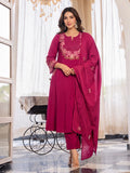 Royal Export Women Magenta Pink Embroidered Flared Viscose Kurta Pant Set With Dupatta