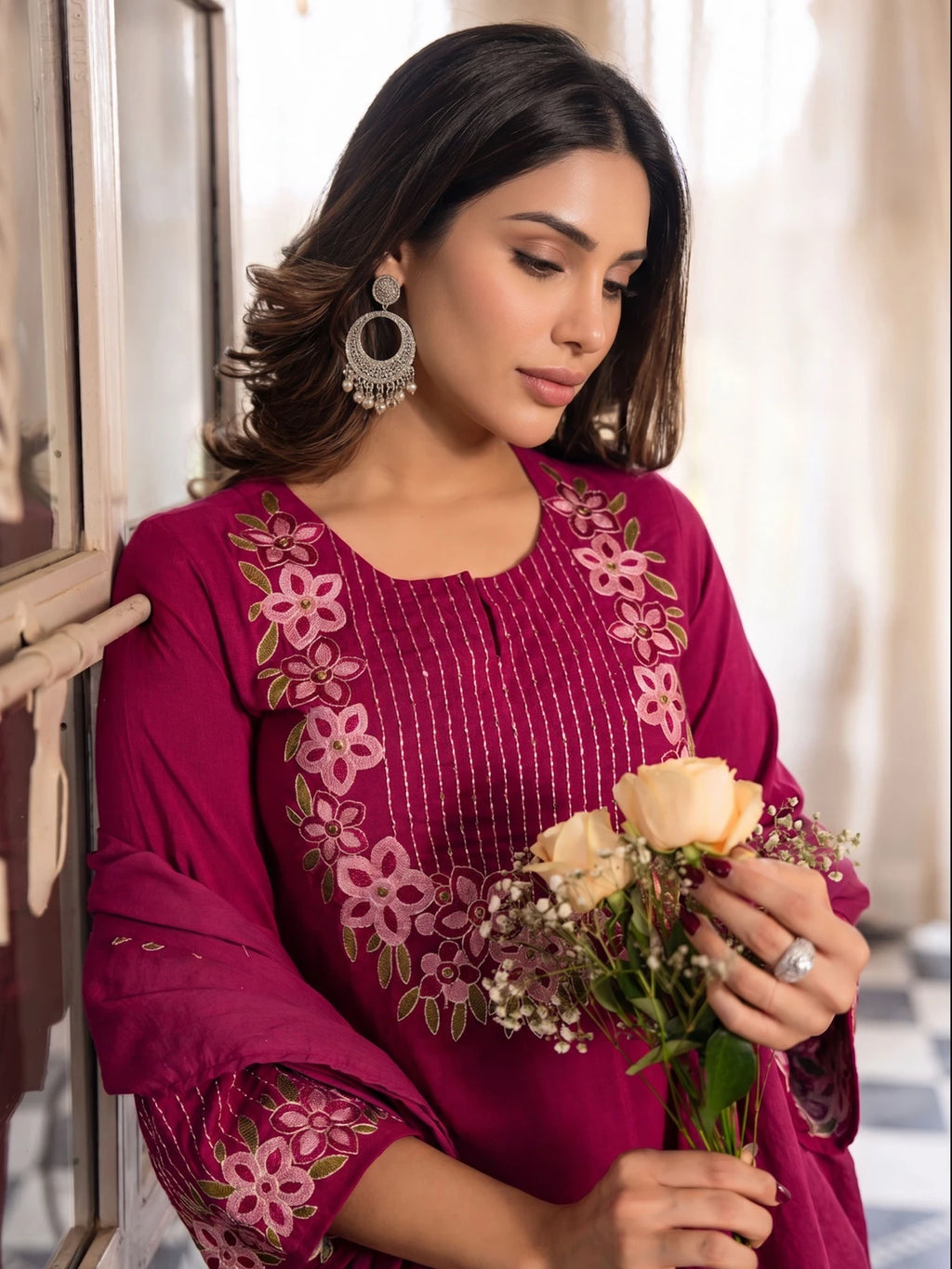 Royal Export Women Magenta Pink Embroidered Flared Viscose Kurta Pant Set With Dupatta