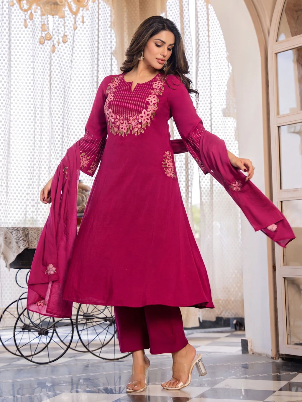 Royal Export Women Magenta Pink Embroidered Flared Viscose Kurta Pant Set With Dupatta