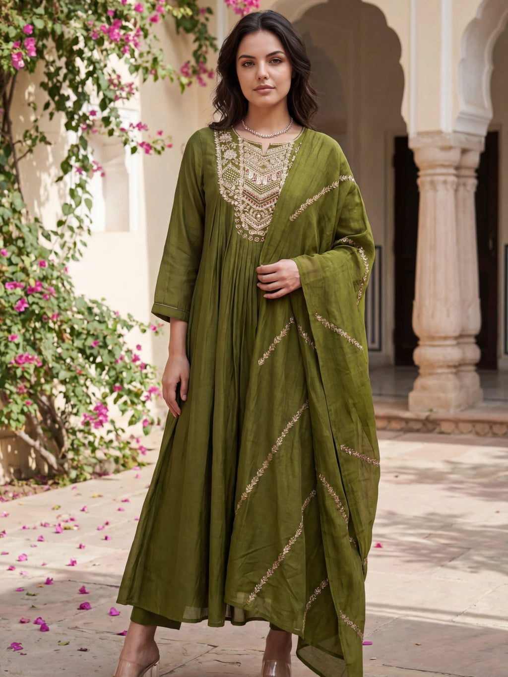 Royal Export Women Olive Green Embroidered Flared Silk Blend Kurta Pant Set With Dupatta