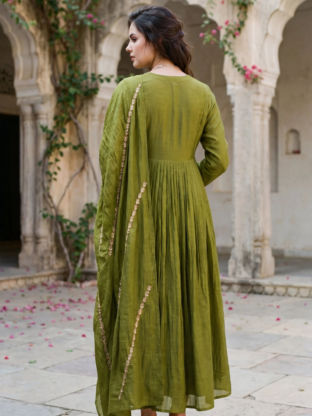 Royal Export Women Olive Green Embroidered Flared Silk Blend Kurta Pant Set With Dupatta