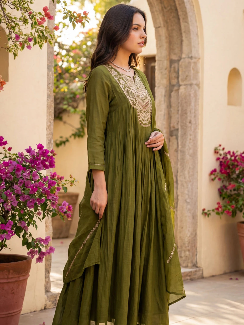 Royal Export Women Olive Green Embroidered Flared Silk Blend Kurta Pant Set With Dupatta