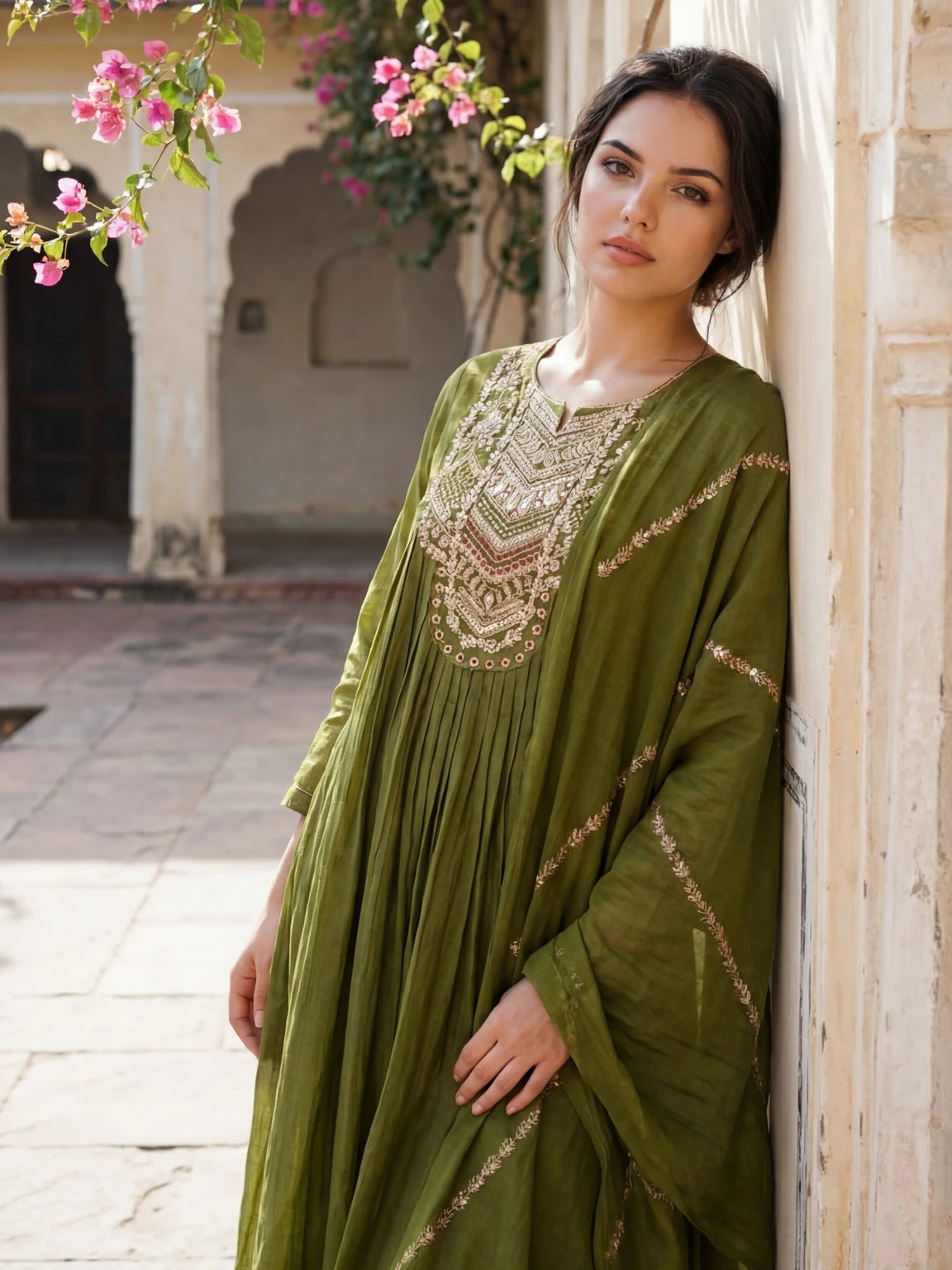 Royal Export Women Olive Green Embroidered Flared Silk Blend Kurta Pant Set With Dupatta