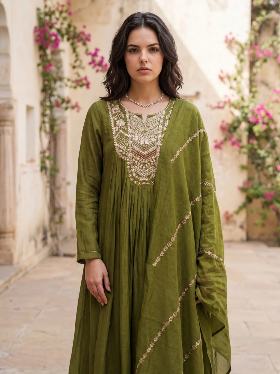 Royal Export Women Olive Green Embroidered Flared Silk Blend Kurta Pant Set With Dupatta