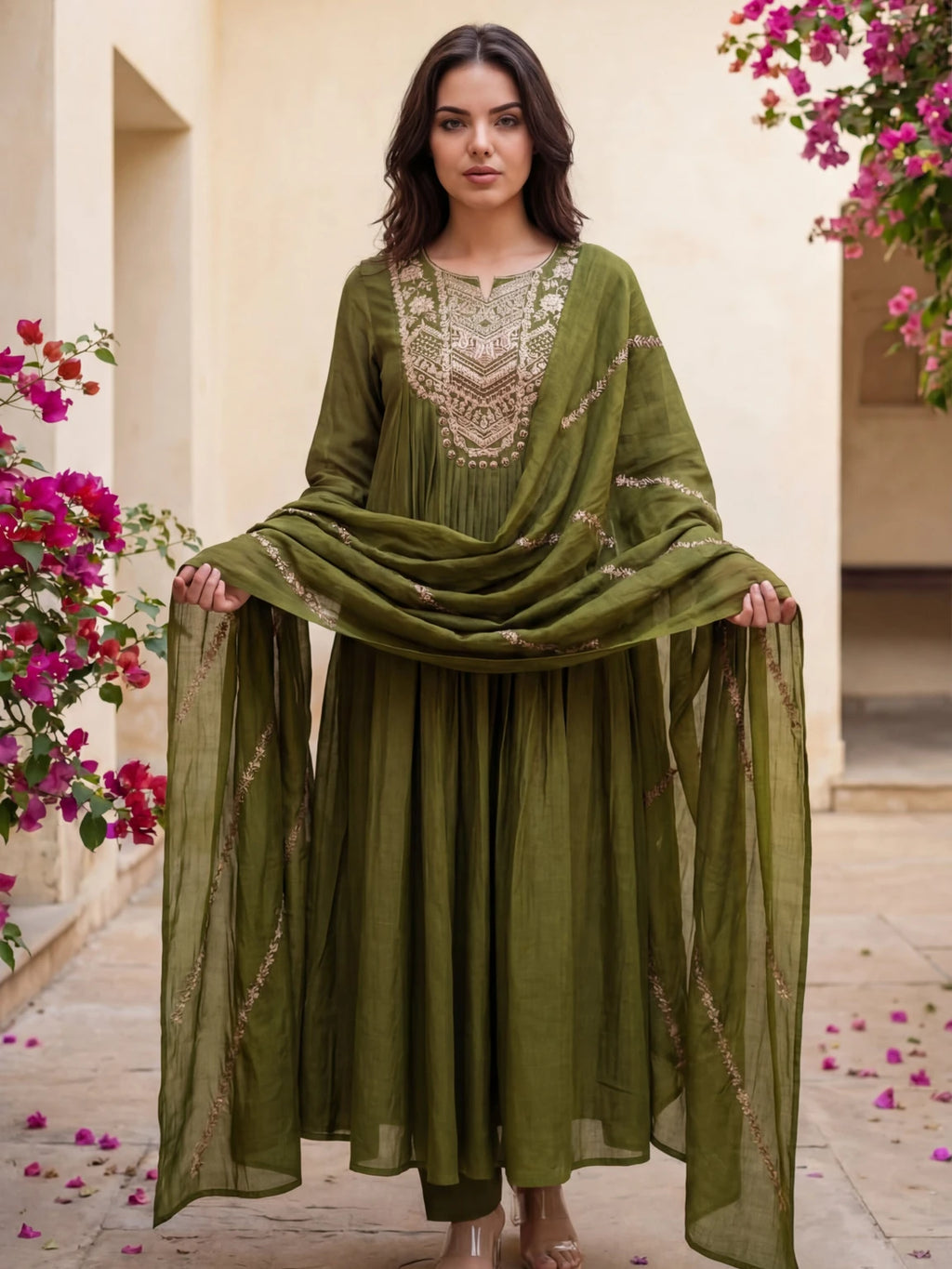 Royal Export Women Olive Green Embroidered Flared Silk Blend Kurta Pant Set With Dupatta