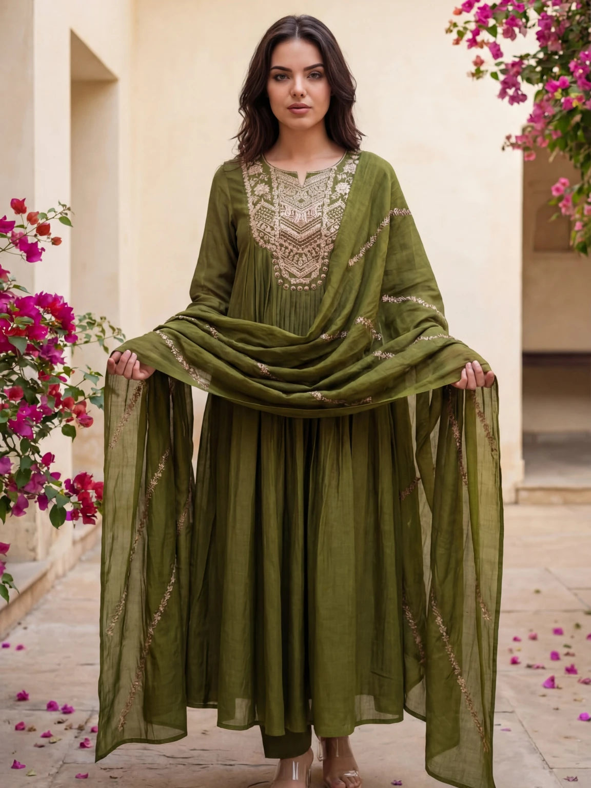 Royal Export Women Olive Green Embroidered Flared Silk Blend Kurta Pant Set With Dupatta