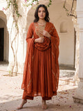 Royal Export Women Rust Orange Embroidered Flared Silk Blend Kurta Pant Set With Dupatta