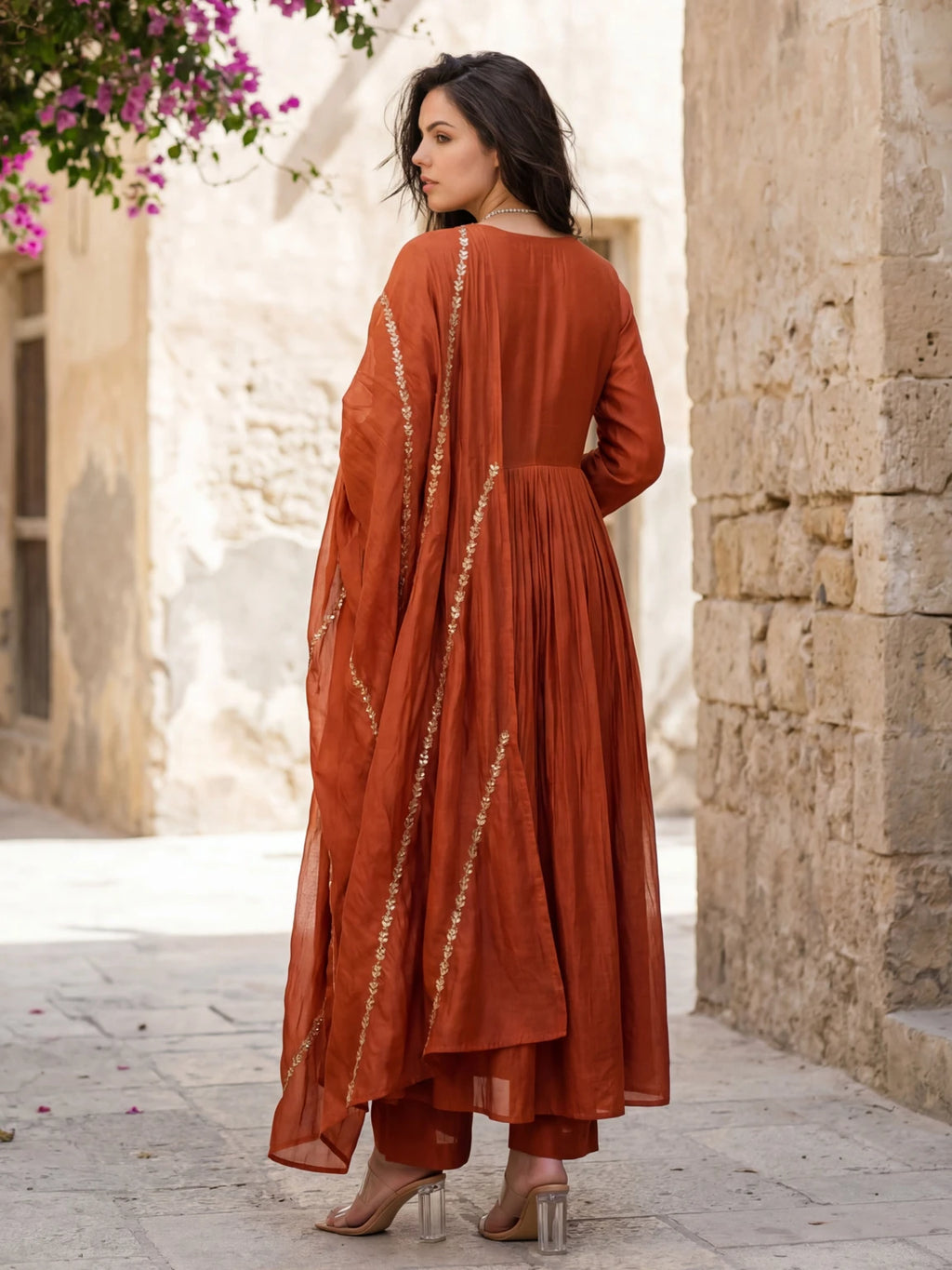 Royal Export Women Rust Orange Embroidered Flared Silk Blend Kurta Pant Set With Dupatta