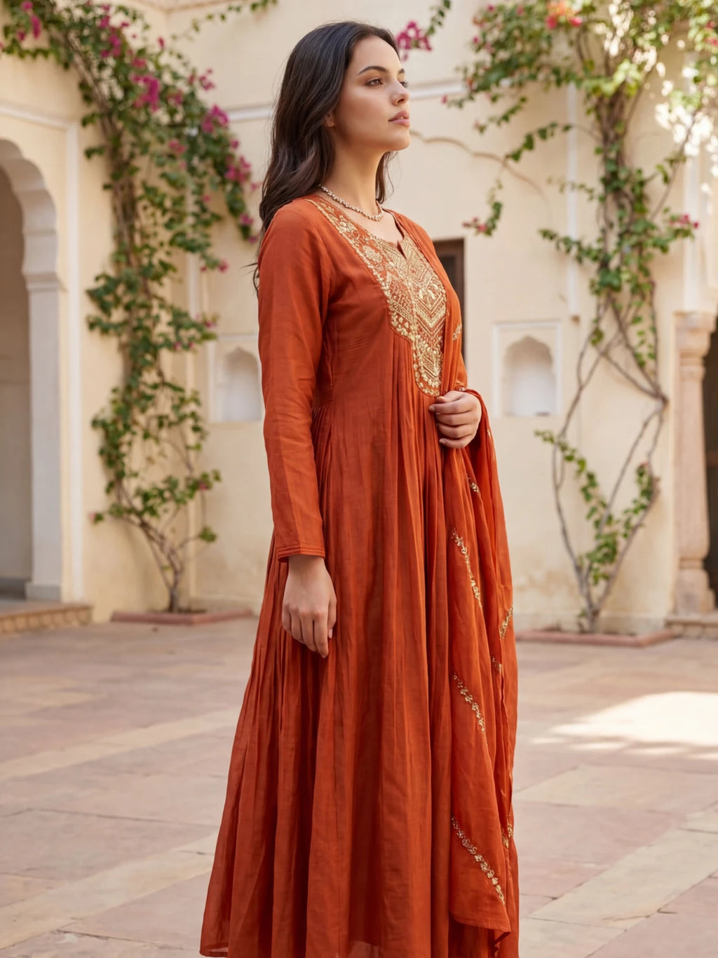 Royal Export Women Rust Orange Embroidered Flared Silk Blend Kurta Pant Set With Dupatta