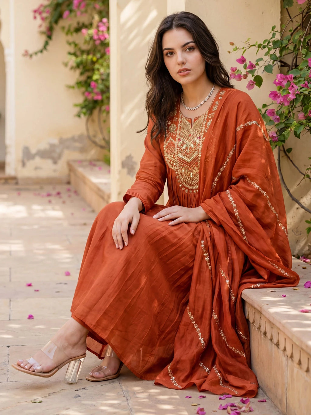 Royal Export Women Rust Orange Embroidered Flared Silk Blend Kurta Pant Set With Dupatta