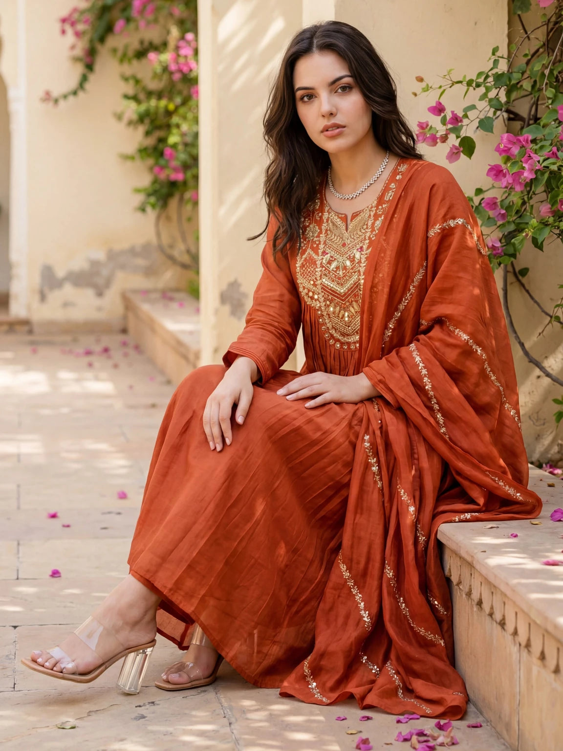 Royal Export Women Rust Orange Embroidered Flared Silk Blend Kurta Pant Set With Dupatta