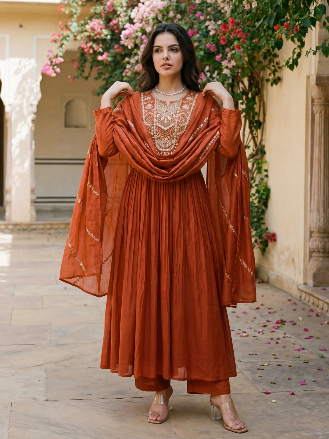 Royal Export Women Rust Orange Embroidered Flared Silk Blend Kurta Pant Set With Dupatta