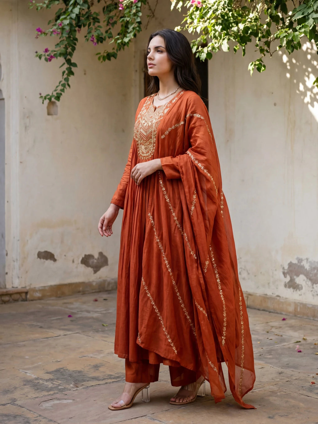 Royal Export Women Rust Orange Embroidered Flared Silk Blend Kurta Pant Set With Dupatta