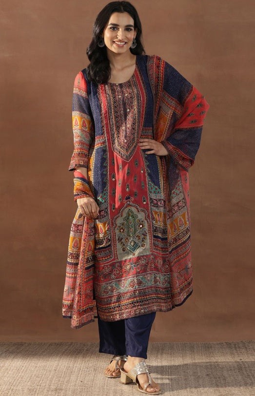 Libas - Royal Indigo Organza Kurta Set – Sweetheart Neck, Zari Embellished Pockets & Dupatta