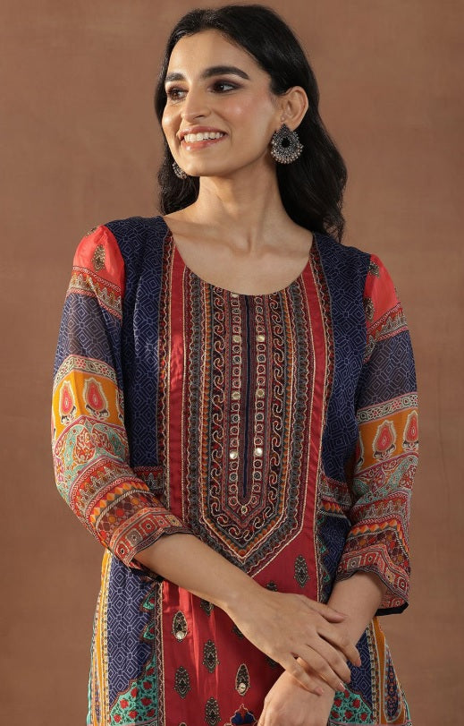 Libas - Royal Indigo Organza Kurta Set – Sweetheart Neck, Zari Embellished Pockets & Dupatta