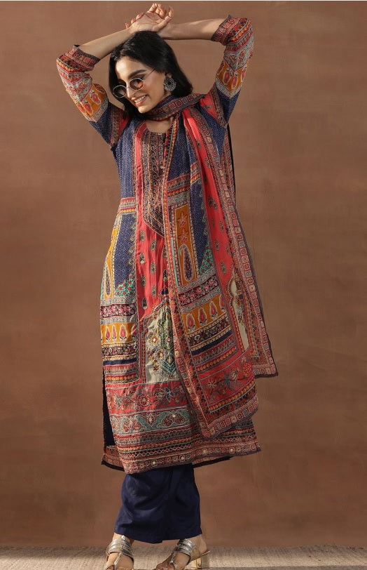 Libas - Royal Indigo Organza Kurta Set – Sweetheart Neck, Zari Embellished Pockets & Dupatta