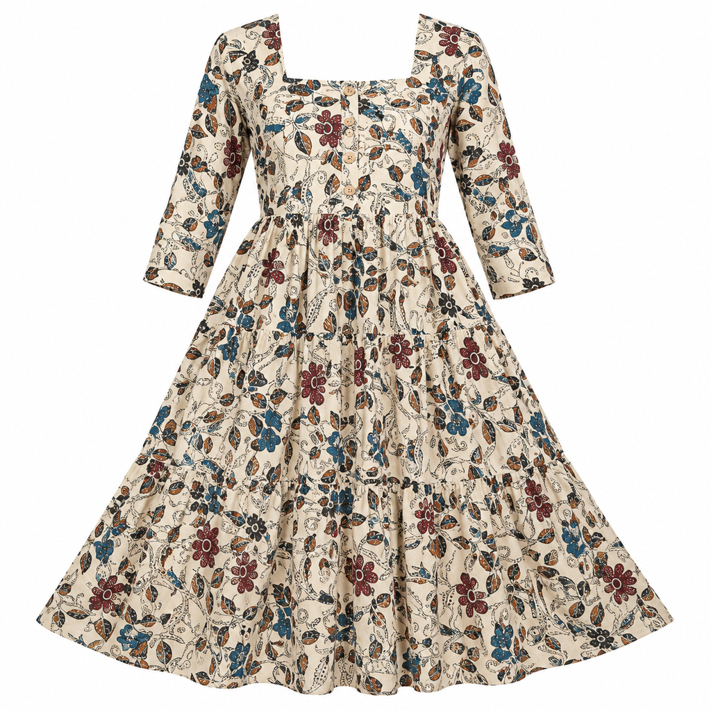 Rustic Bloom Women’s Floral Printed Square Neck Tiered Midi Dress