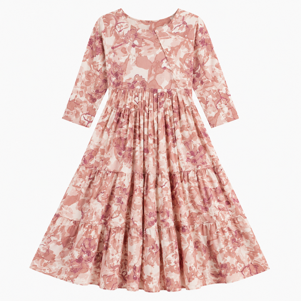 Rustic Bloom Women’s Floral Printed Square Neck Tiered Midi Dress