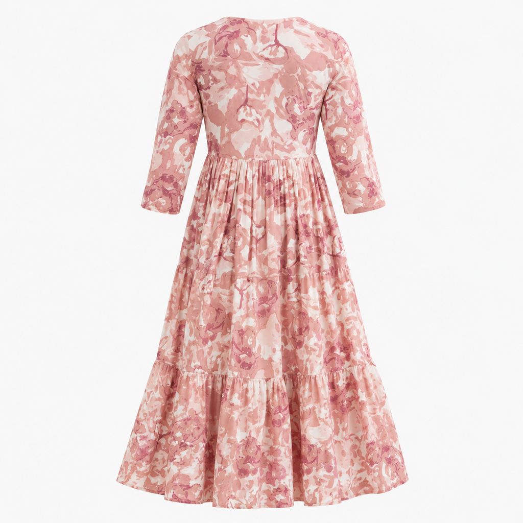 Rustic Bloom Women’s Floral Printed Square Neck Tiered Midi Dress