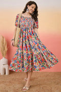 Starword Summer Bloom Midi Dress – Smocked Square Neck Tiered Floral Maxi