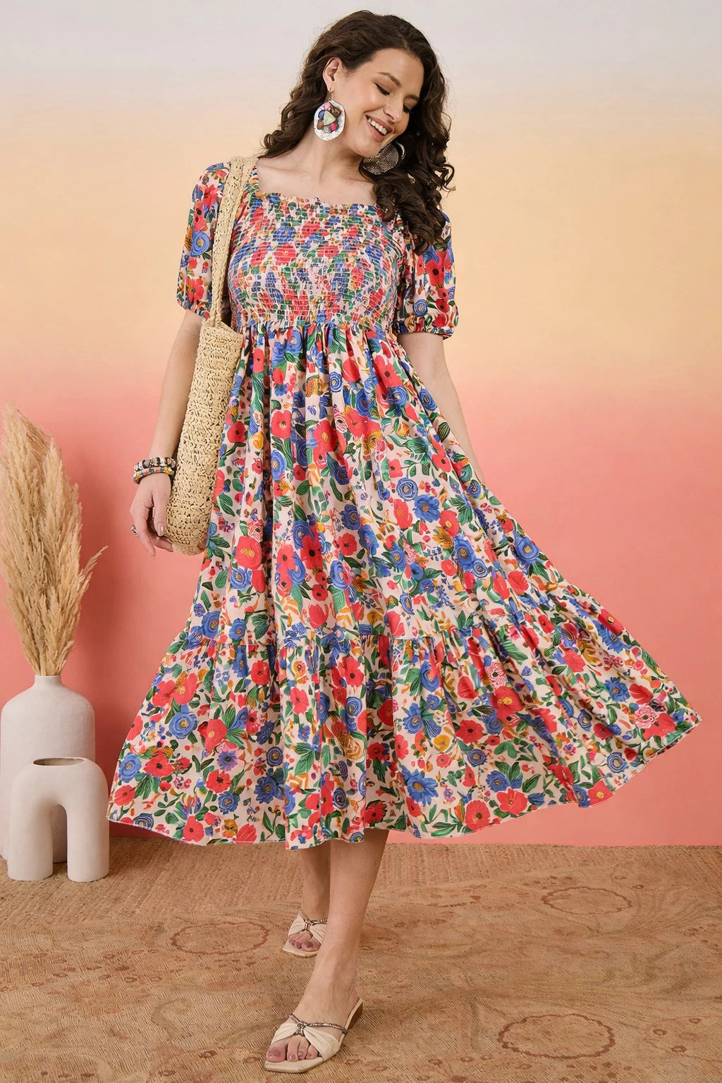 Starword Summer Bloom Midi Dress – Smocked Square Neck Tiered Floral Maxi