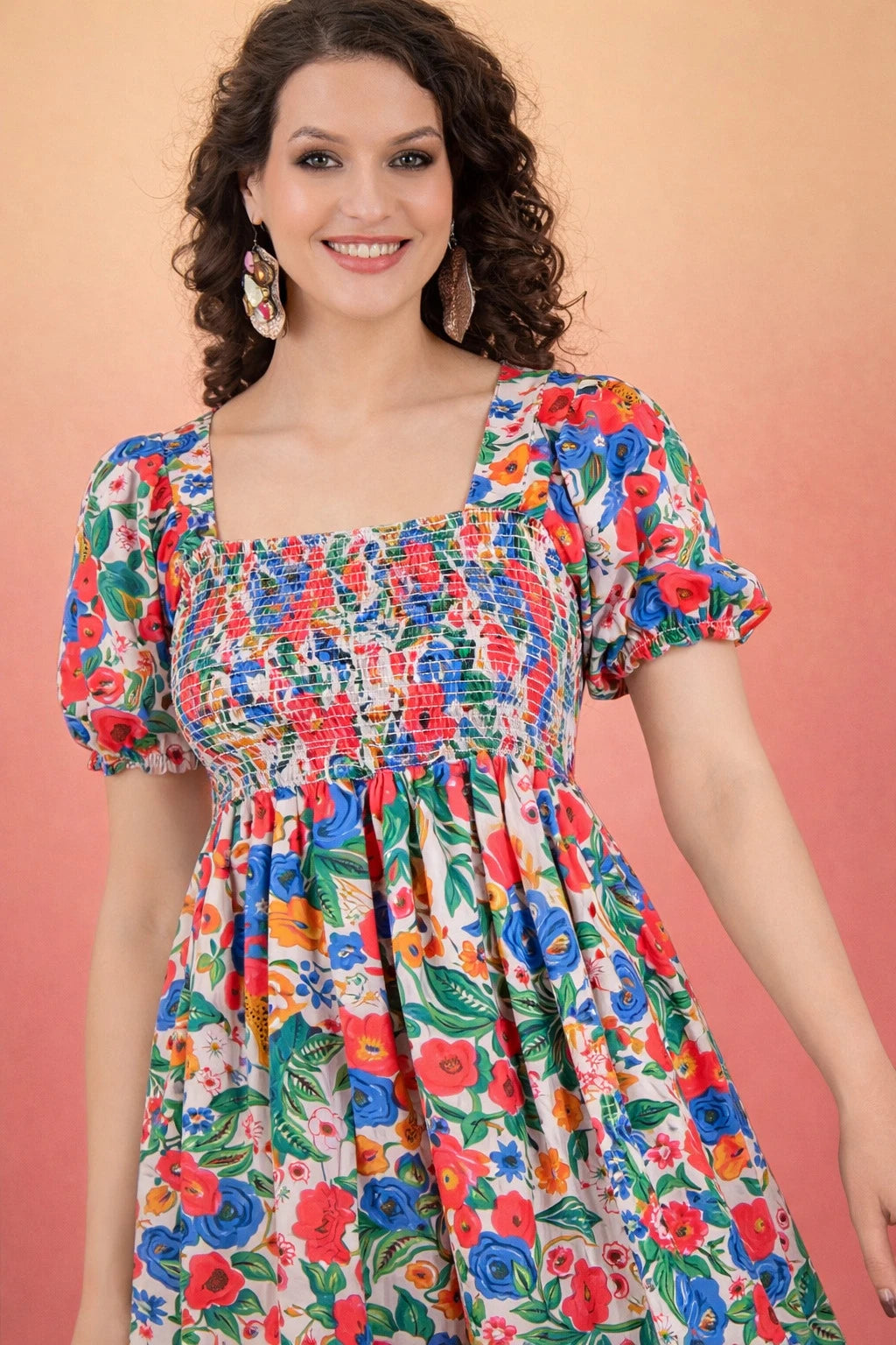 Starword Summer Bloom Midi Dress – Smocked Square Neck Tiered Floral Maxi