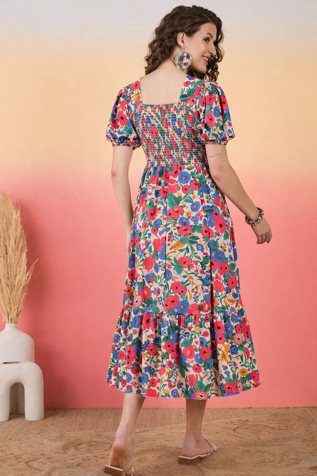Starword Summer Bloom Midi Dress – Smocked Square Neck Tiered Floral Maxi