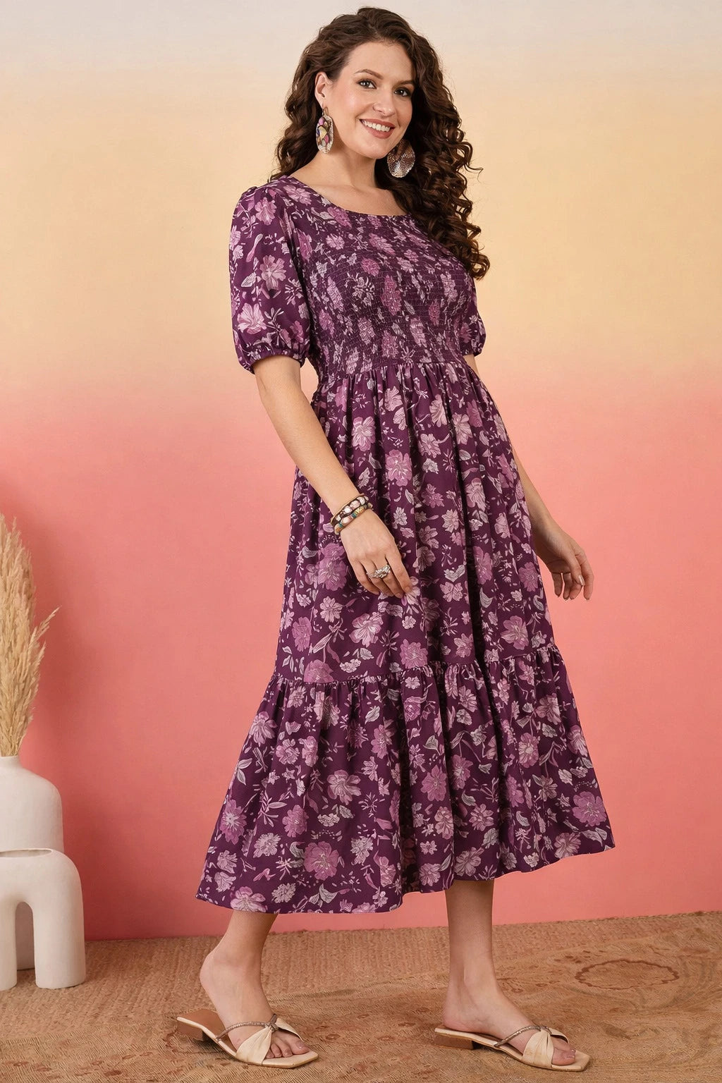 Starword Summer Bloom Midi Dress – Smocked Square Neck Tiered Floral Maxi
